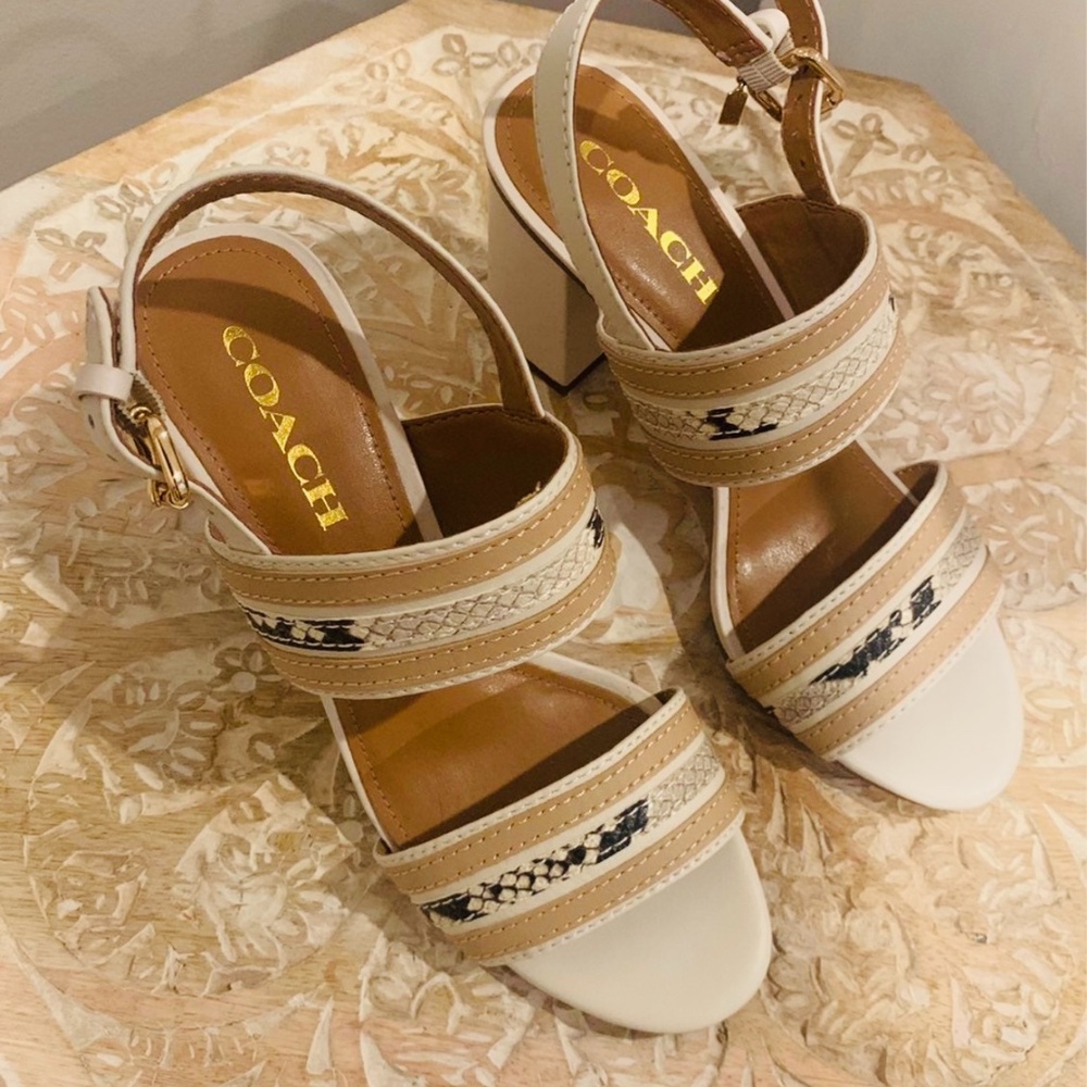 COACH Women's Beige and Cream Leather Block Heel Sandals